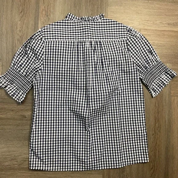 J Crew Gingham Ruffle Neck Puff Sleeve‎ Shirt Top Womens XS Navy White Preppy - Picture 2 of 6